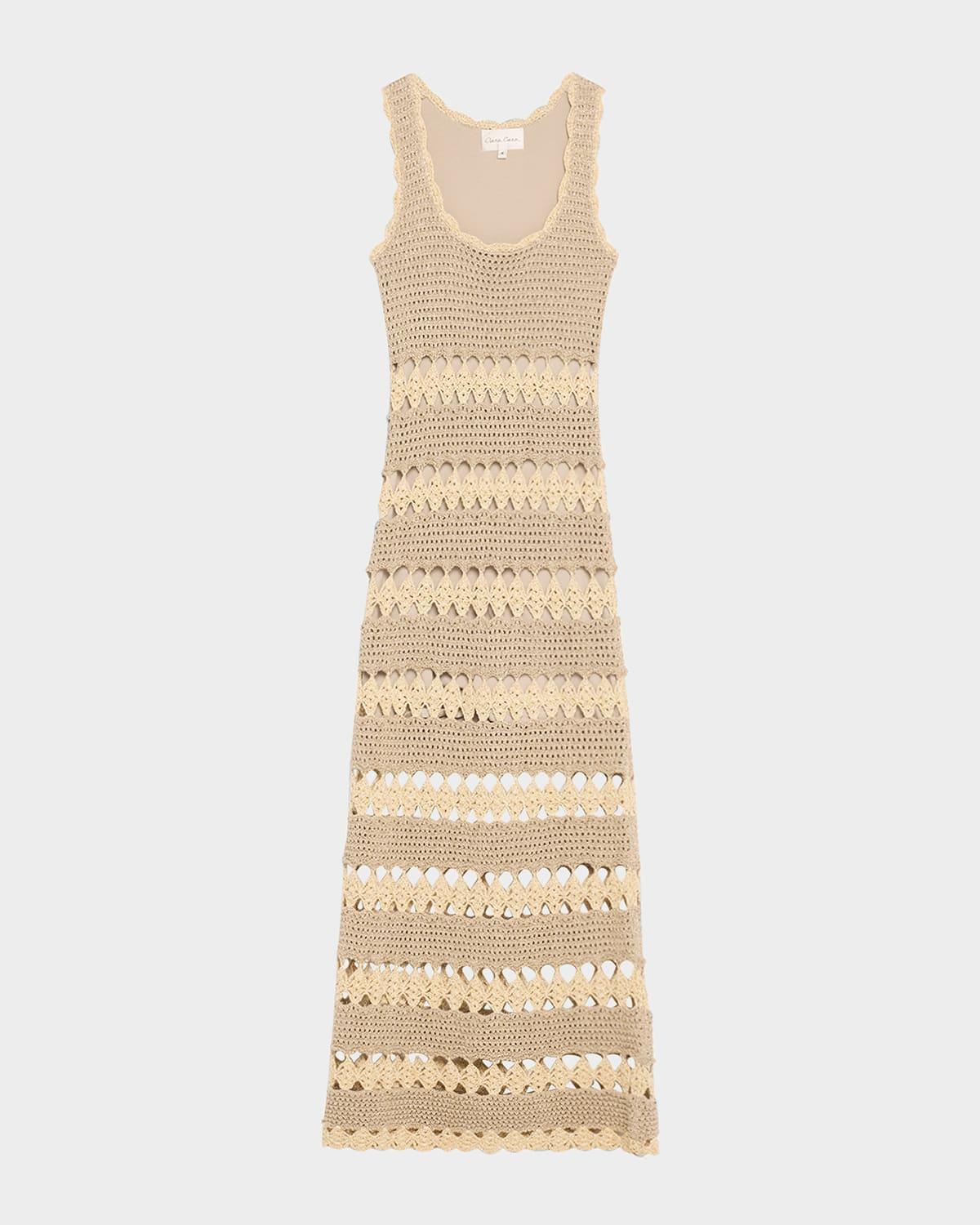 joan metallic crochet sleeveless midi sheath dress