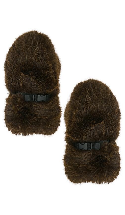 jocelyn faux fox mittens in chocolate.