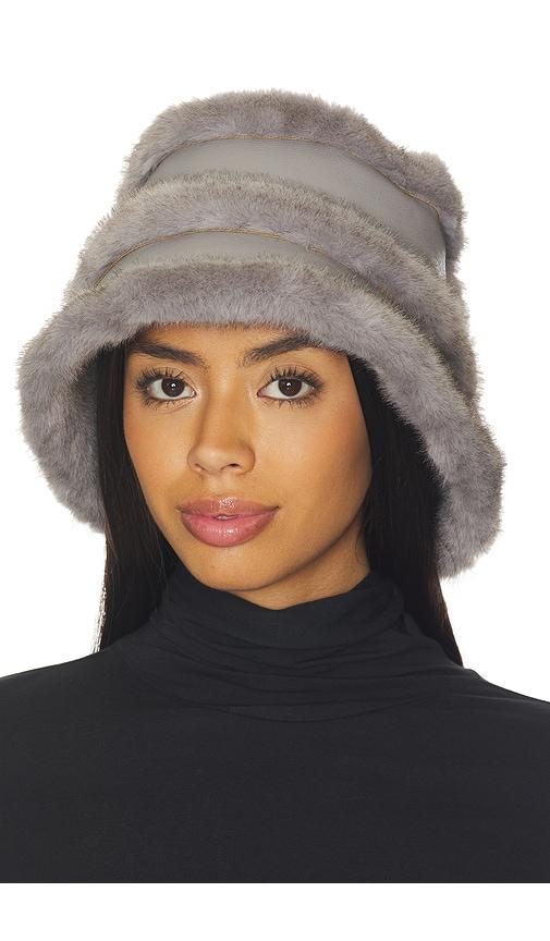 jocelyn faux mink & leather bucket hat in grey.
