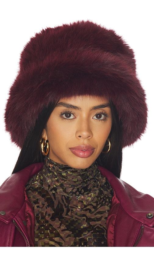 jocelyn oversized faux fur bucket hat in burgundy.