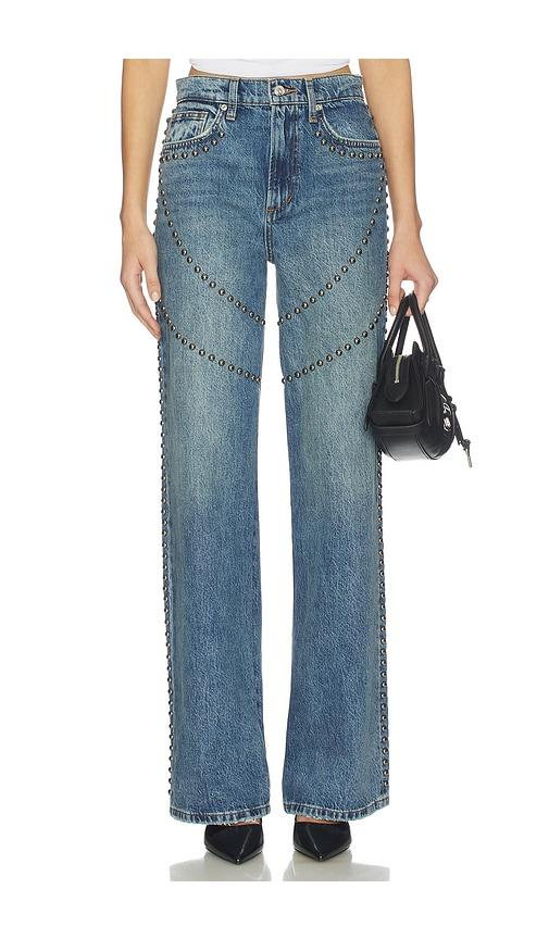 joe's jeans the harlowe studded wide leg jeans in blue.