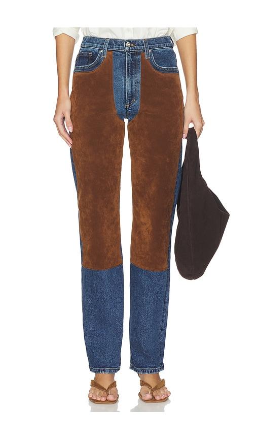 joe's jeans x weworewhat the jami chap jean in blue,cognac.