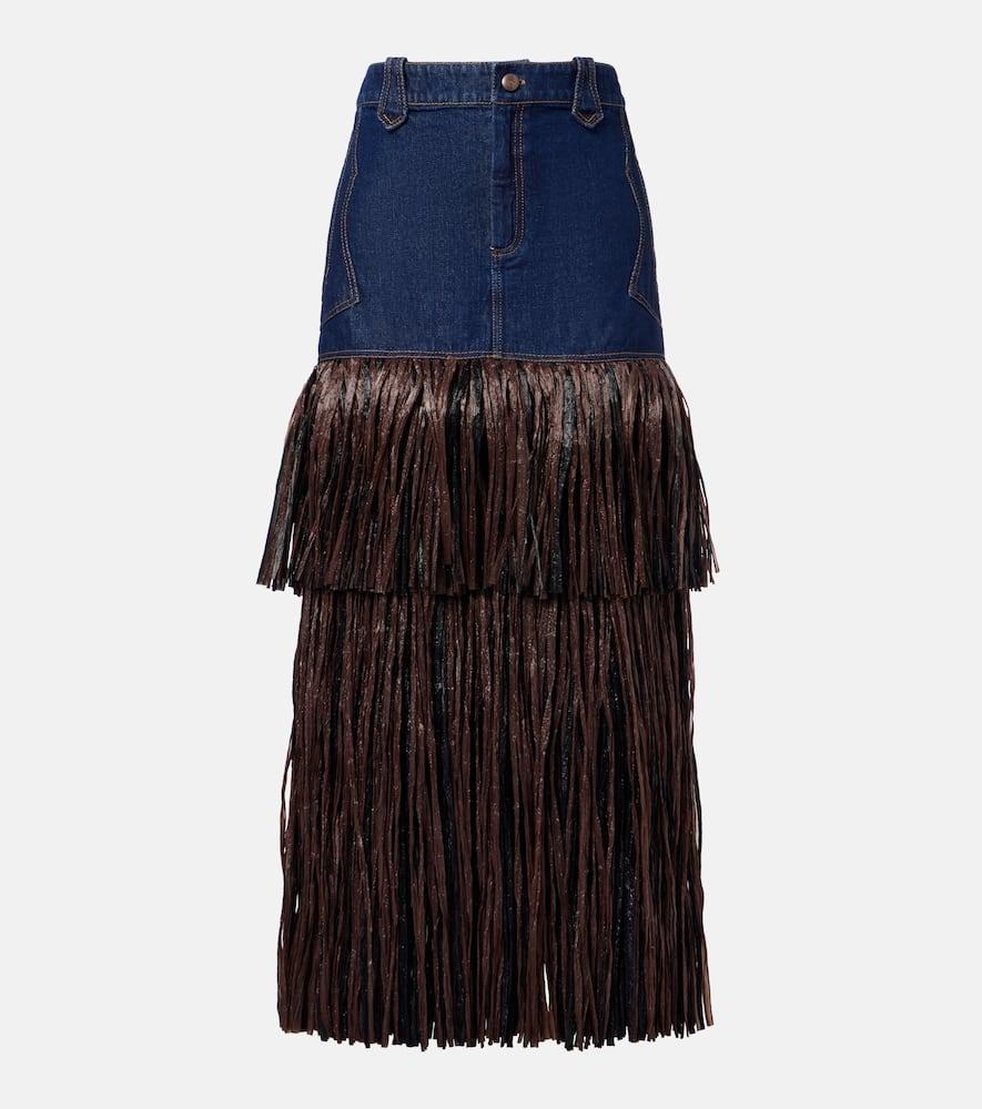 johanna ortiz fringed denim maxi dress