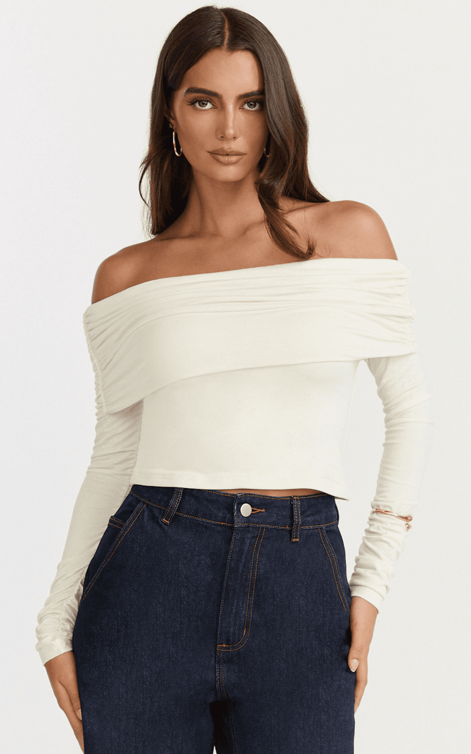 jolie top - off shoulder long sleeve gathered top in cream