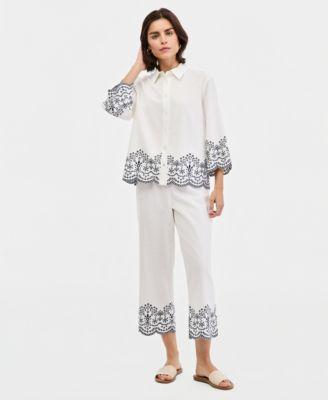 jones new york womens embroidered button front shirt cropped pull on pants
