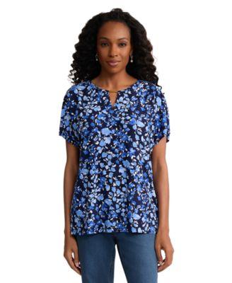 jones new york womens extend shoulder placket round neck top