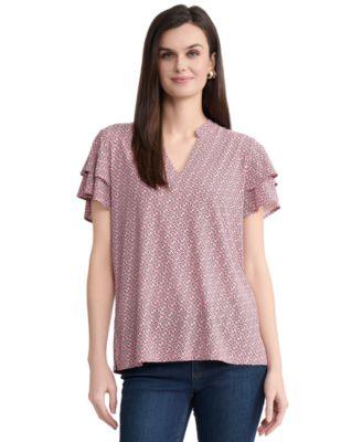 jones new york womens printed flutter sleeve blouse