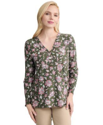 jones new york womens printed henley v neck top