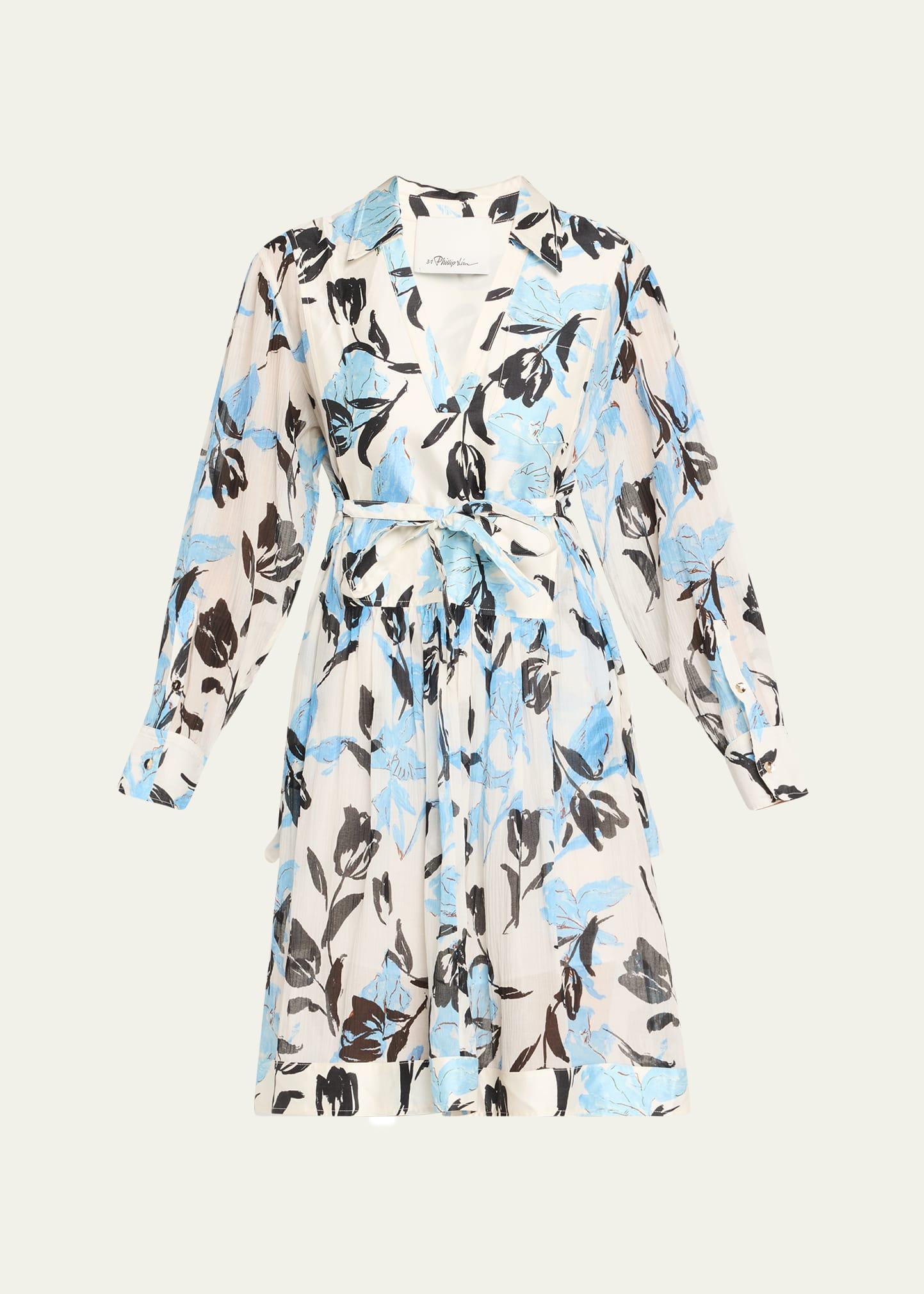 joyful tulips long-sleeve shirt dress with waist tie