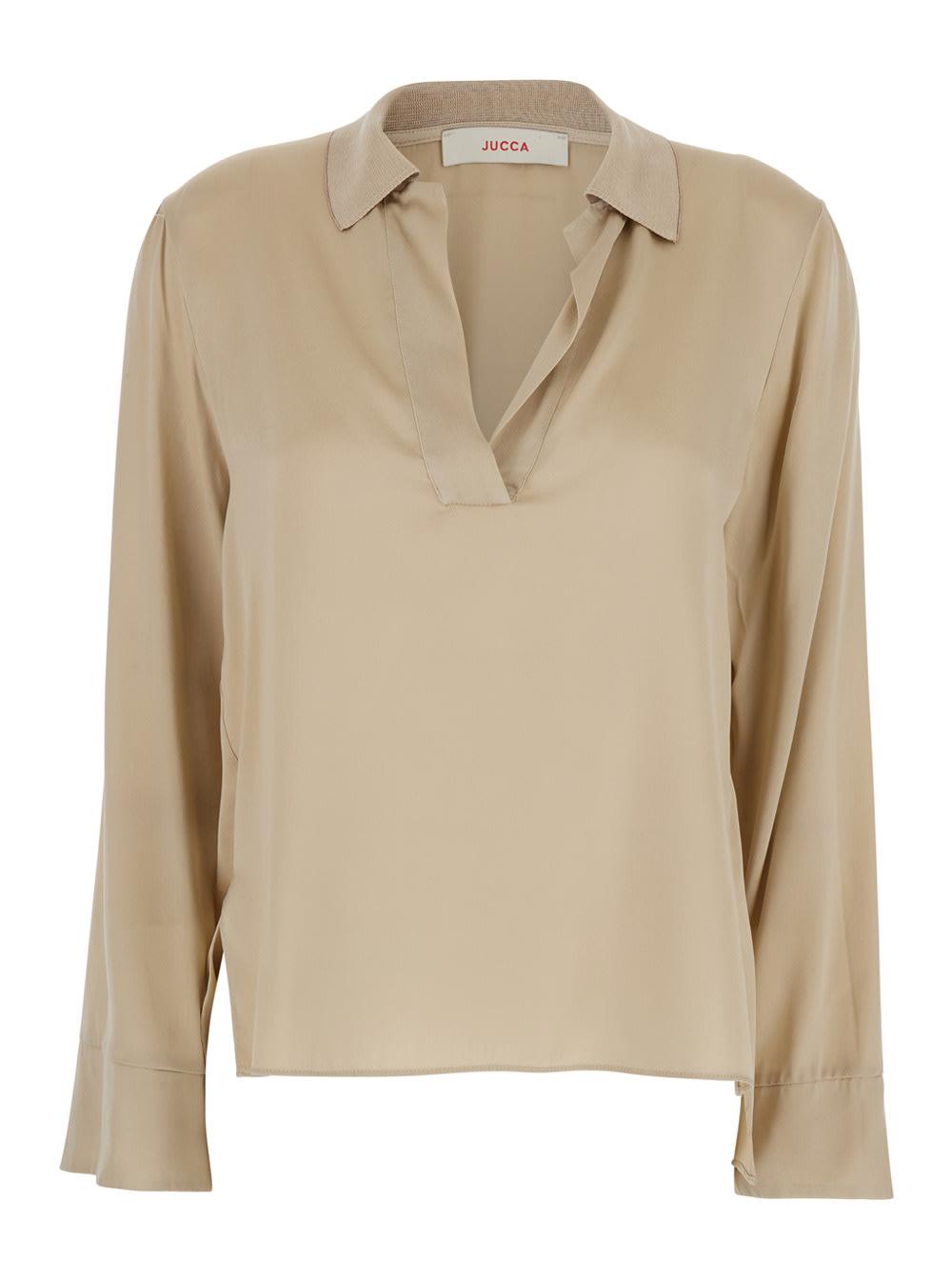 jucca beige v-neck blouse with polo collar for women