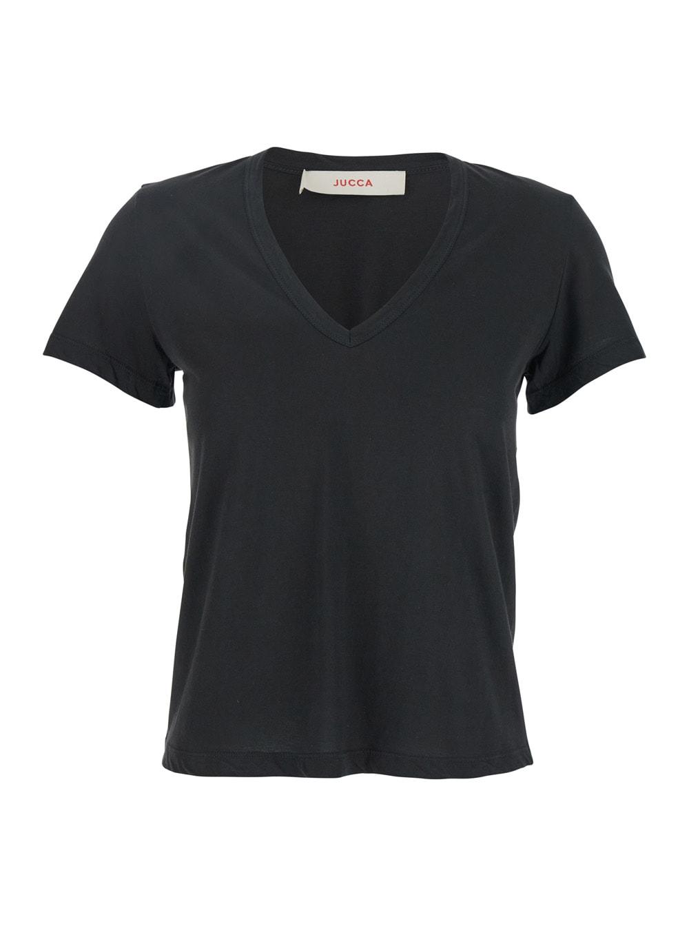 jucca black t-shirt with wide v-neck and short sleeves in cotton woman