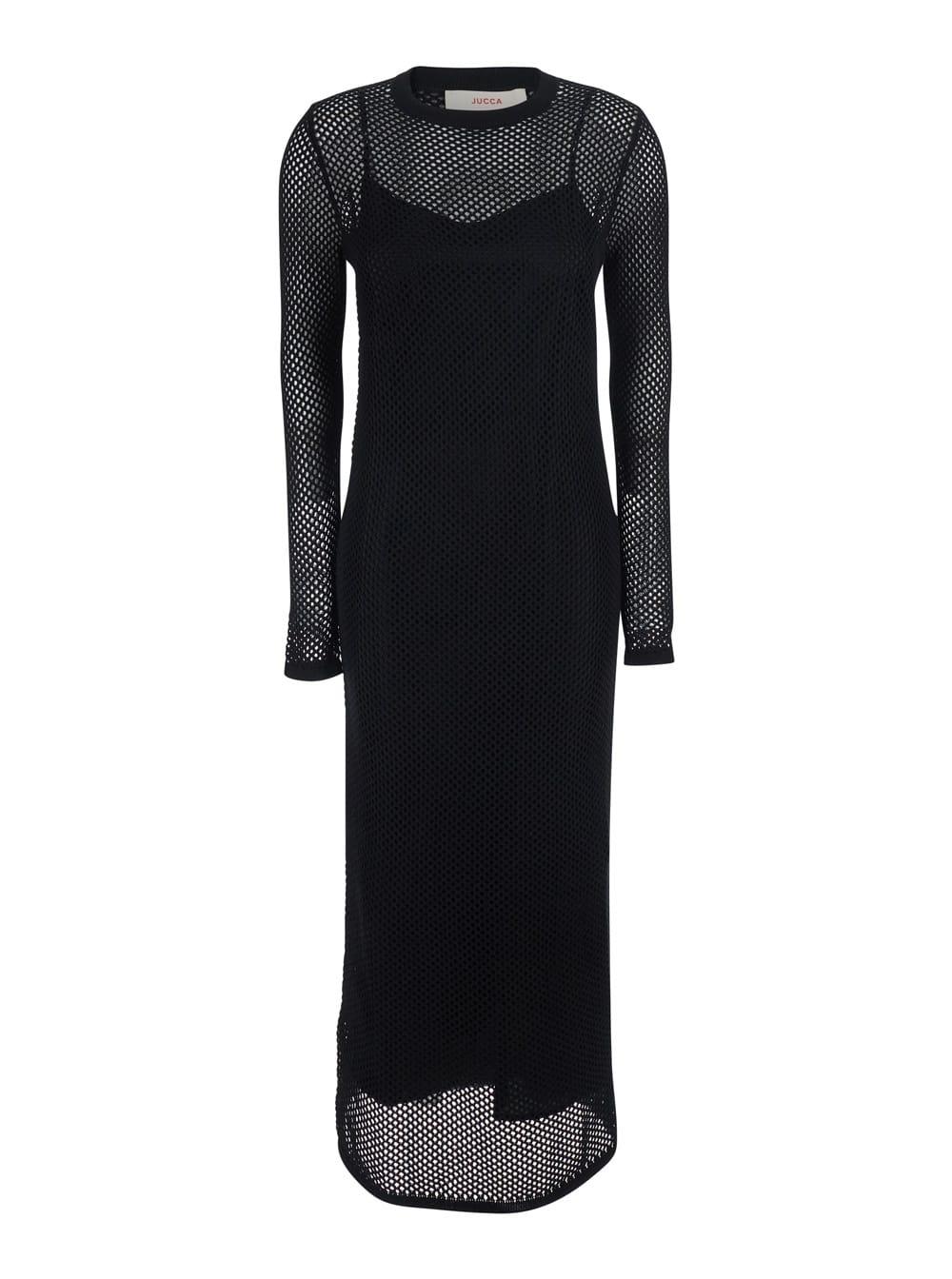 jucca long black dress with long sleeves and perforated details