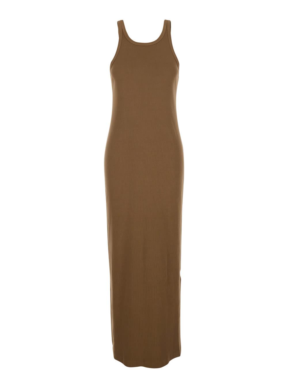 jucca long dress ribbed sleeveless dress brown with round neckline and pleated details in viscose women