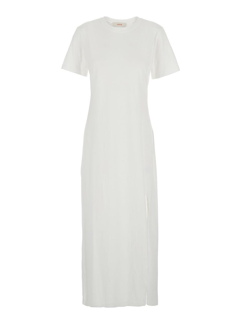 jucca white dress with round neck and front single slit in cotton woman