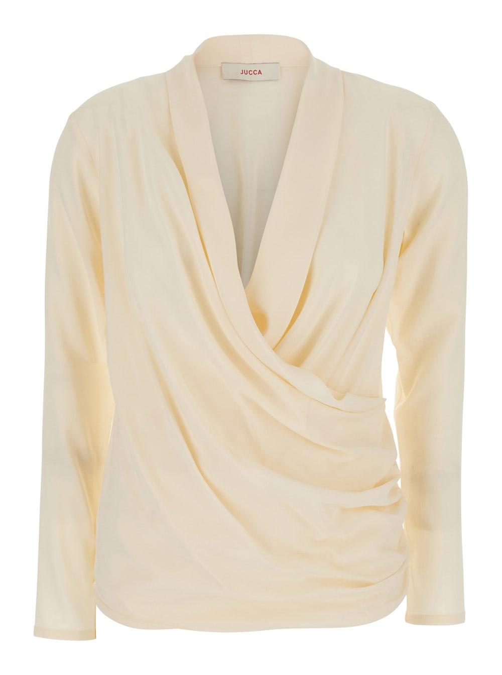 jucca white v-neck blouse with draping on the front for women
