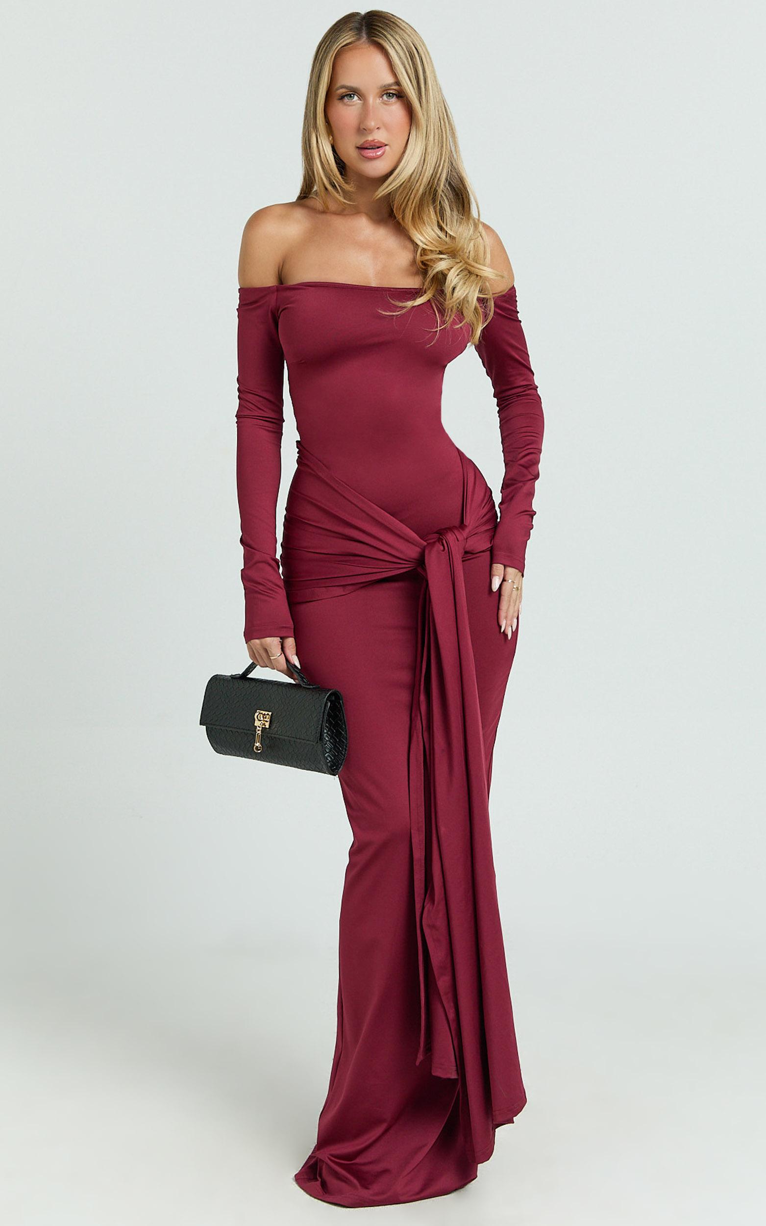judith maxi dress - boat neck backless tie front long sleeve jersey dress in wine