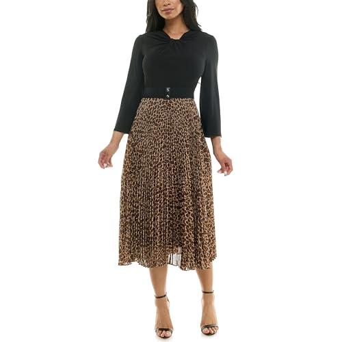 julian taylor women's long sleeve belted animal print skirt pleated midi dress, black/camel/brown