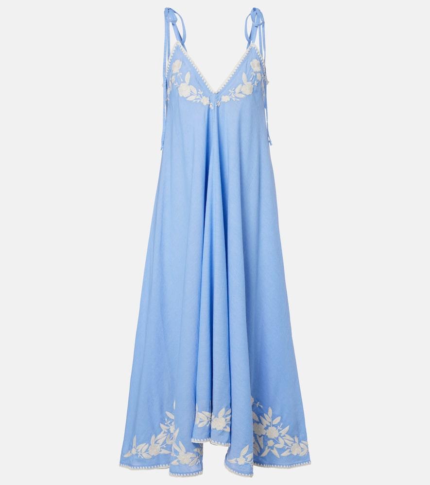 juliet dunn embroidered cotton and linen chambray midi dress