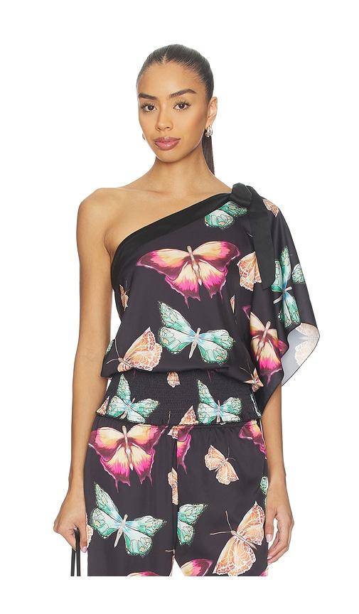 juliet johnstone mariposa one shoulder top in black.