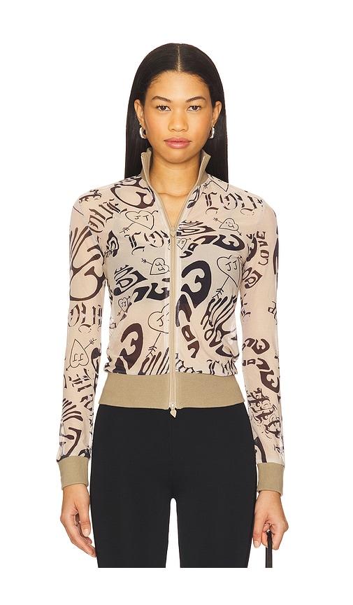 juliet johnstone mesh track jacket in tan.