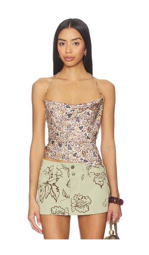 juliet johnstone satin cowl neck halter top in brown.