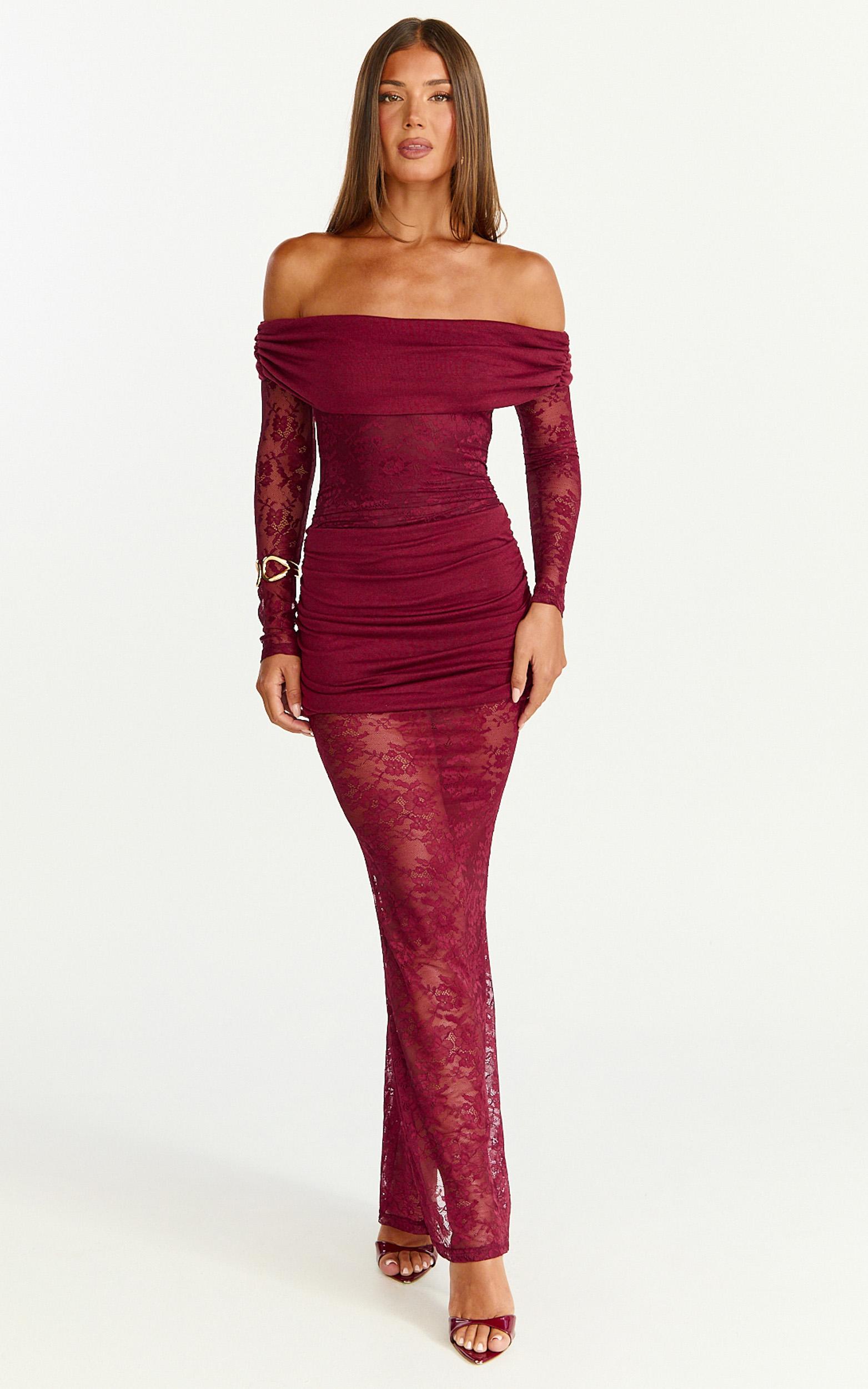 juliet maxi dress - off shoulder long sleeve ruched overlay lace dress in wine