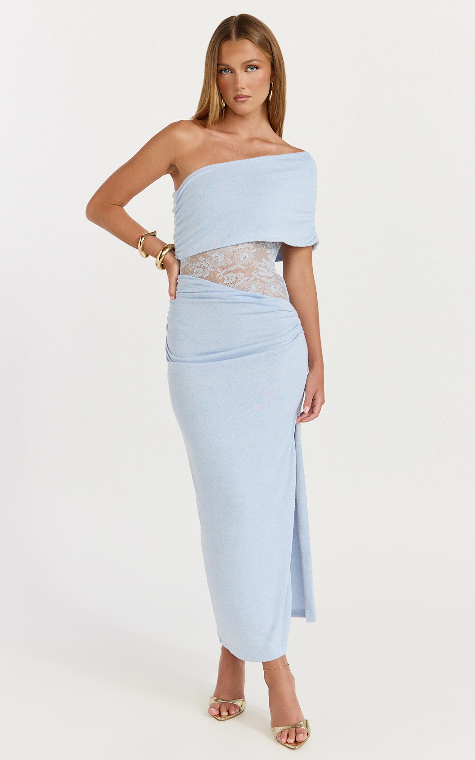 juliet midi dress - one shoulder lace contrast bodycon dress in blue