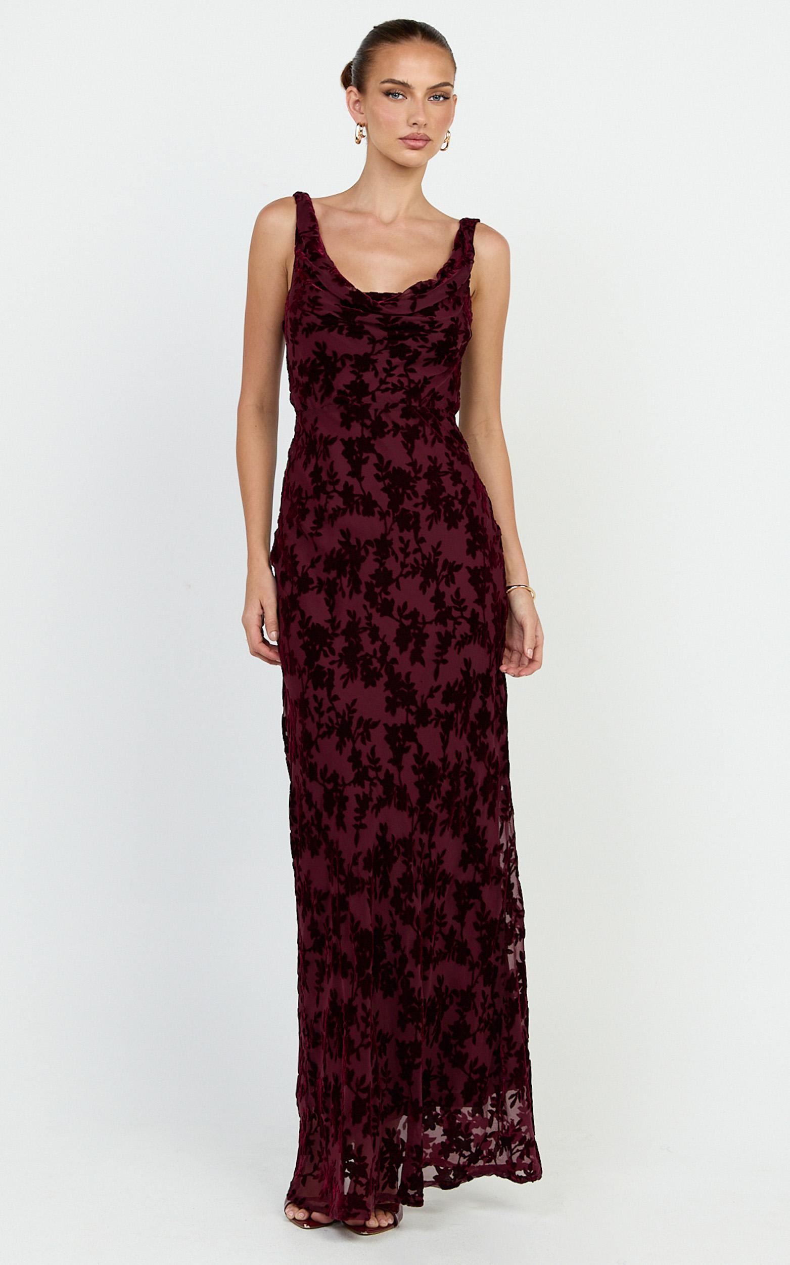 june maxi dress - cowl neck scooped back slip dress in wine