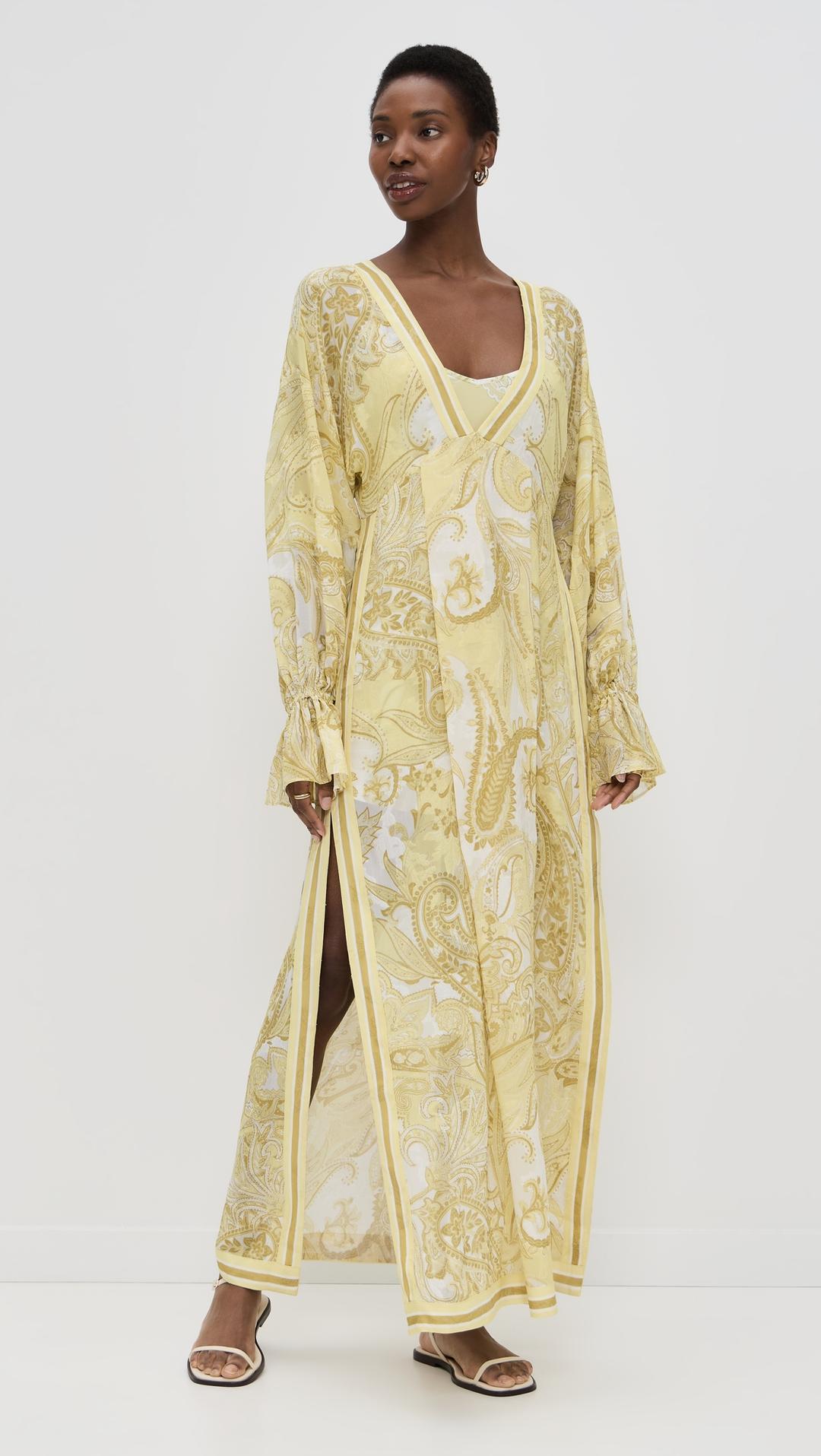 Kaftan with Printed Slip Dress Kaftan with Printed Slip Dress – Lightweight crepe kaftan featuring paisley print and side slits.