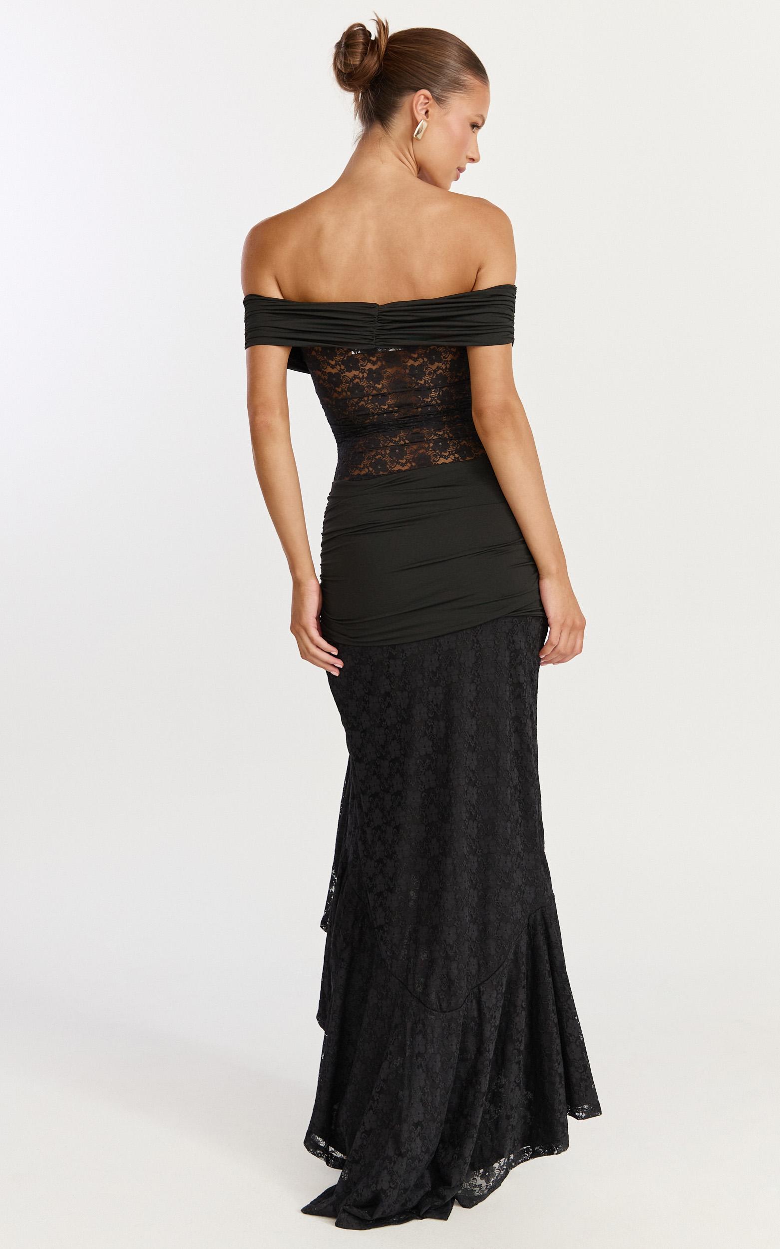 kaia maxi dress - off shoulder long sleeve ruffle hem lace dress in black