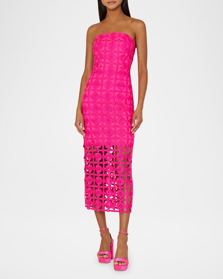 kait strapless tile lace midi dress