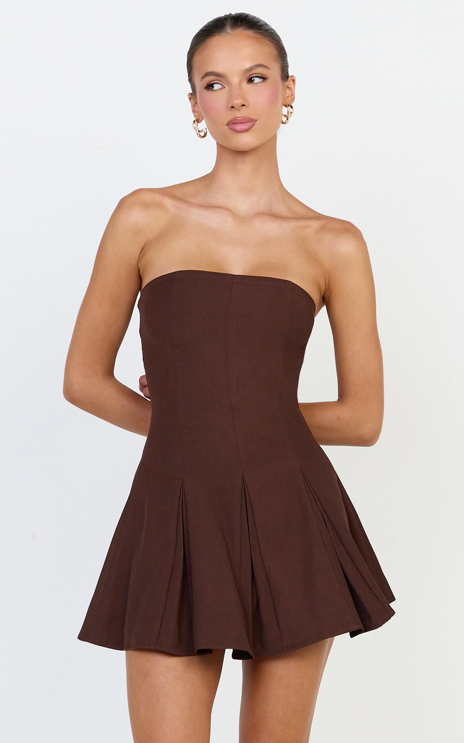 kalliste mini dress - strapless godet pleat fit and flare dress in chocolate