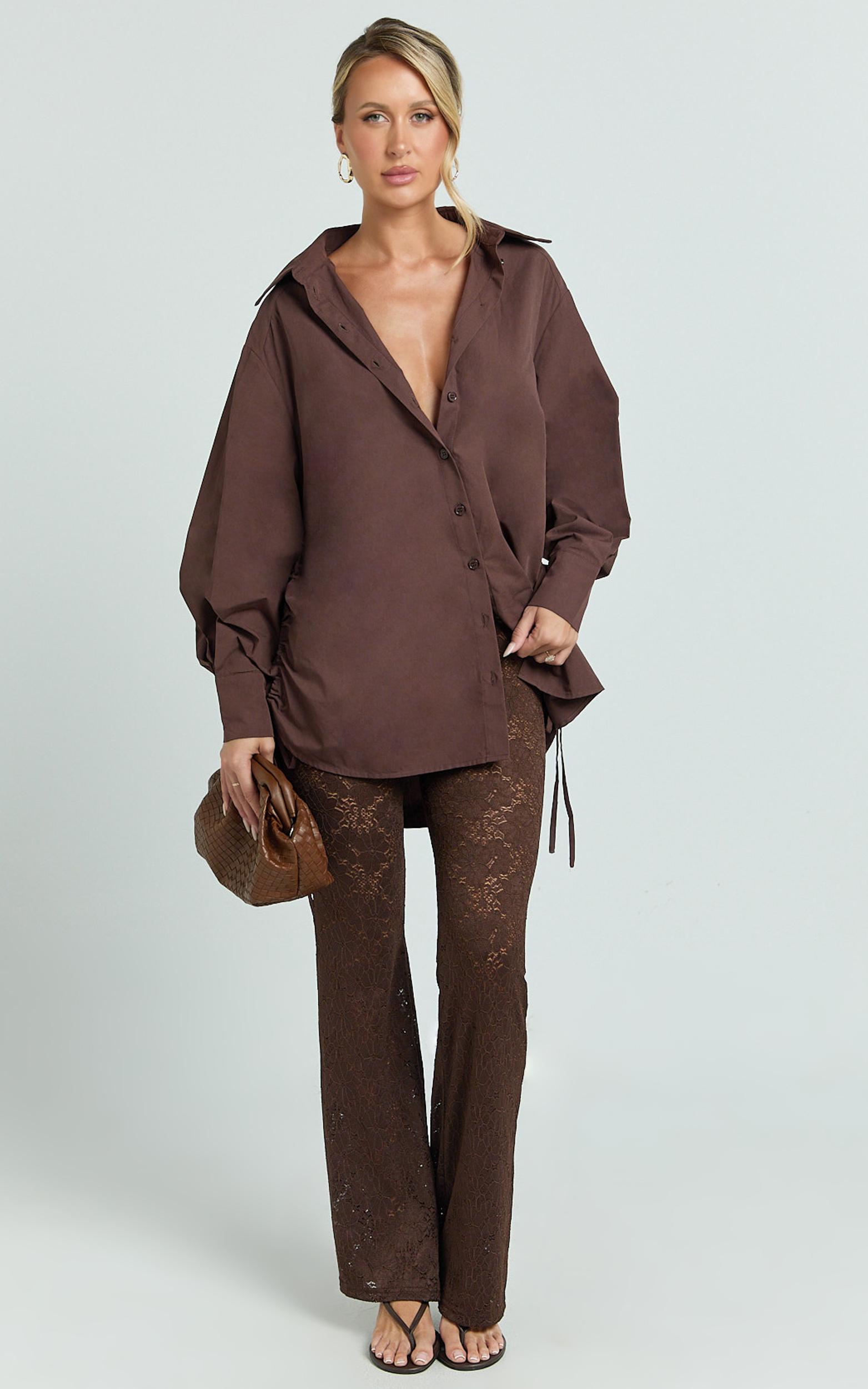 kalpena shirt - ruched side oversized shirt in chocolate