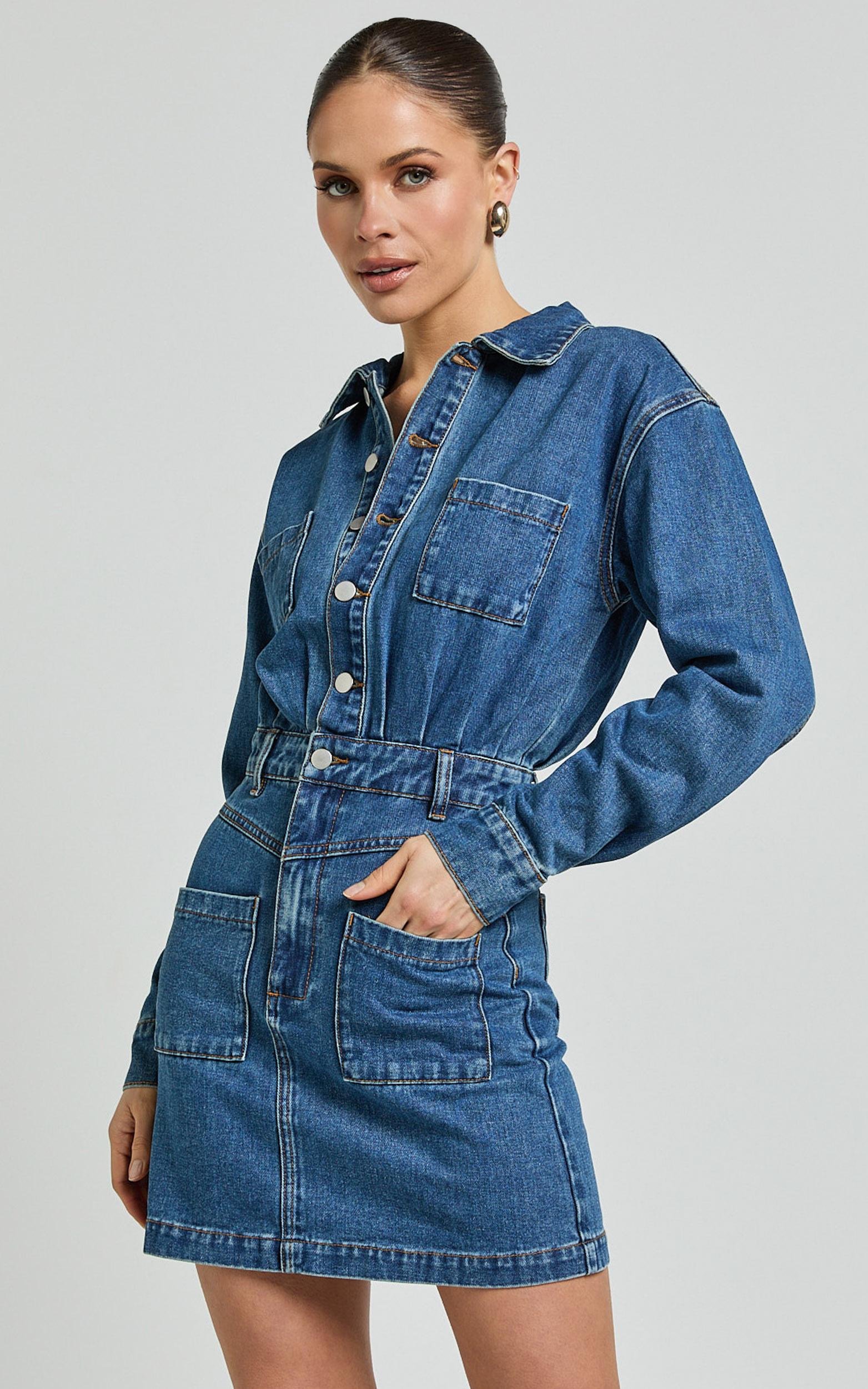 kamala mini dress - long sleeve button through denim dress in dark blue wash