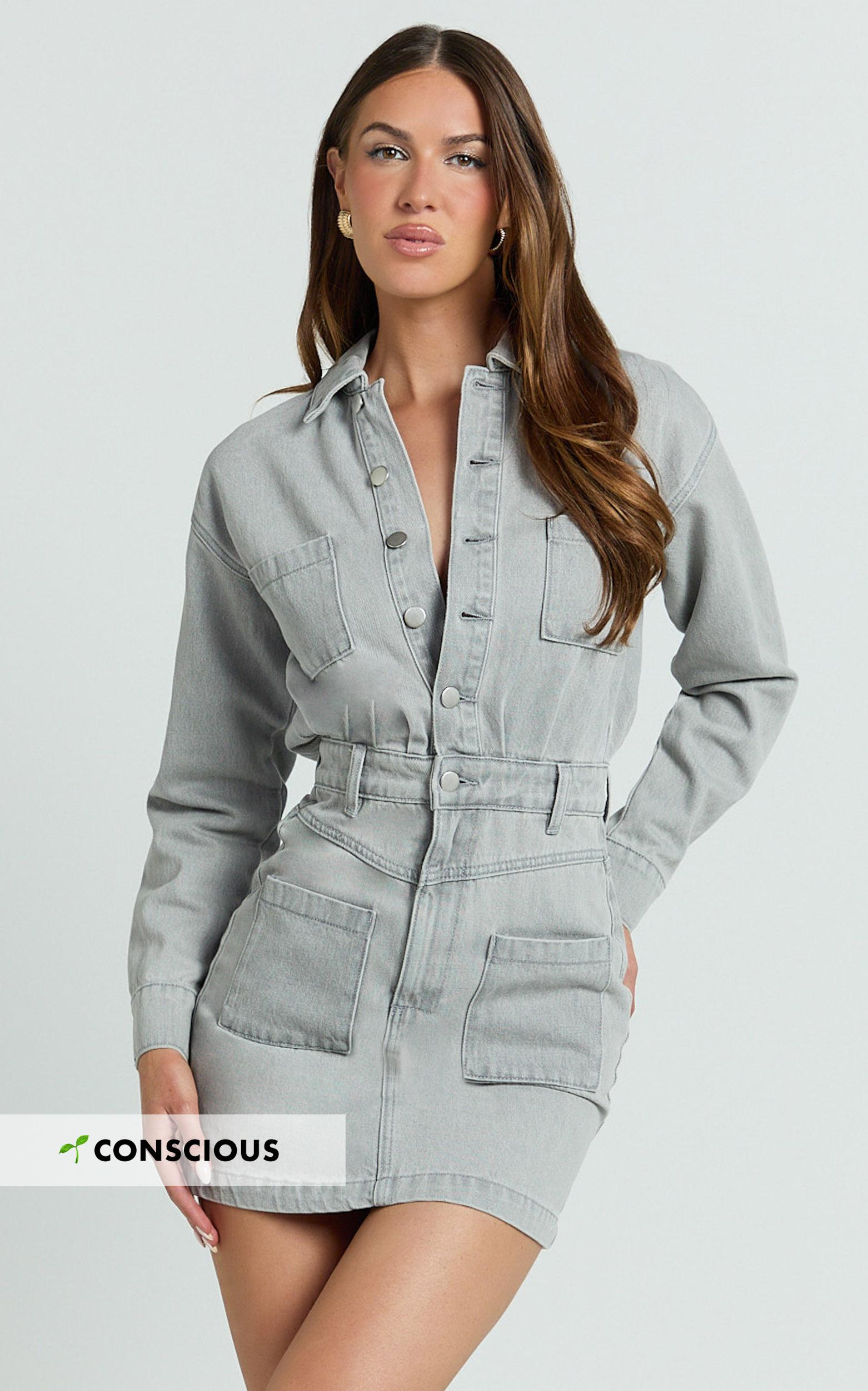 kamala mini dress - long sleeve button through denim dress in grey