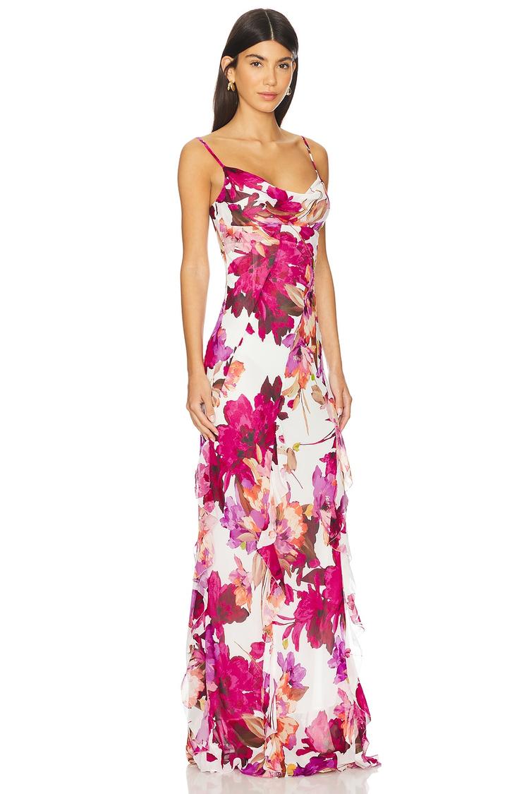 kamila ruffle cowl maxi dress