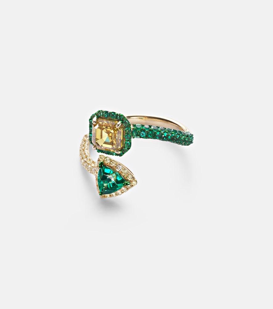 kamyen 18kt gold ring with diamonds and emeralds
