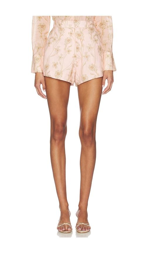 karina grimaldi coral print shorts in peach.