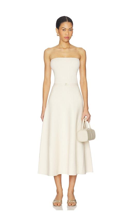 karina grimaldi eira strapless midi dress in white.