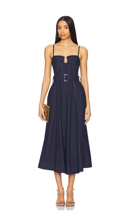 karina grimaldi maverick denim dress in blue.
