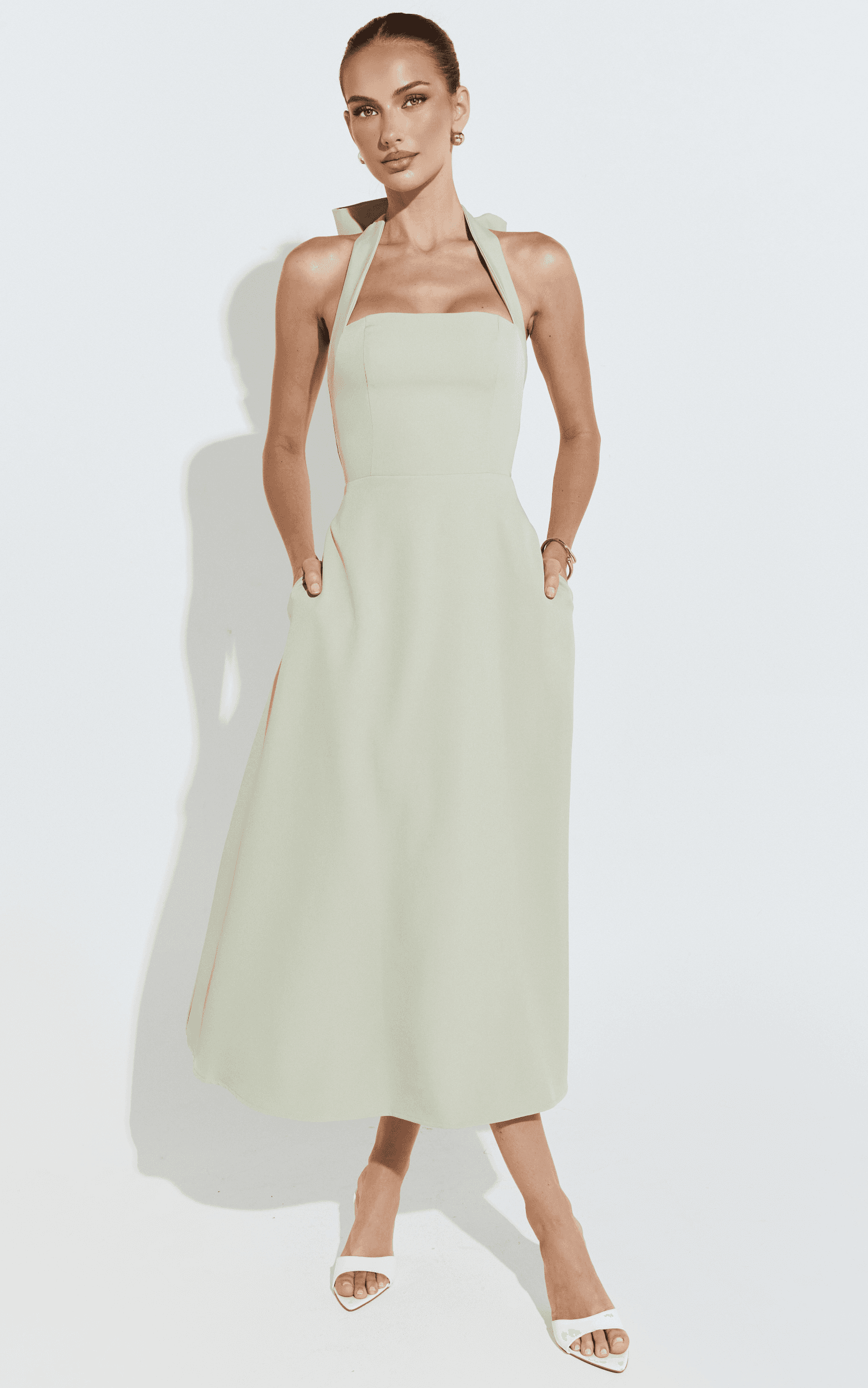 karissa midi dress - halter neck fitted bodice midi soft a line skirt dress in pistachio