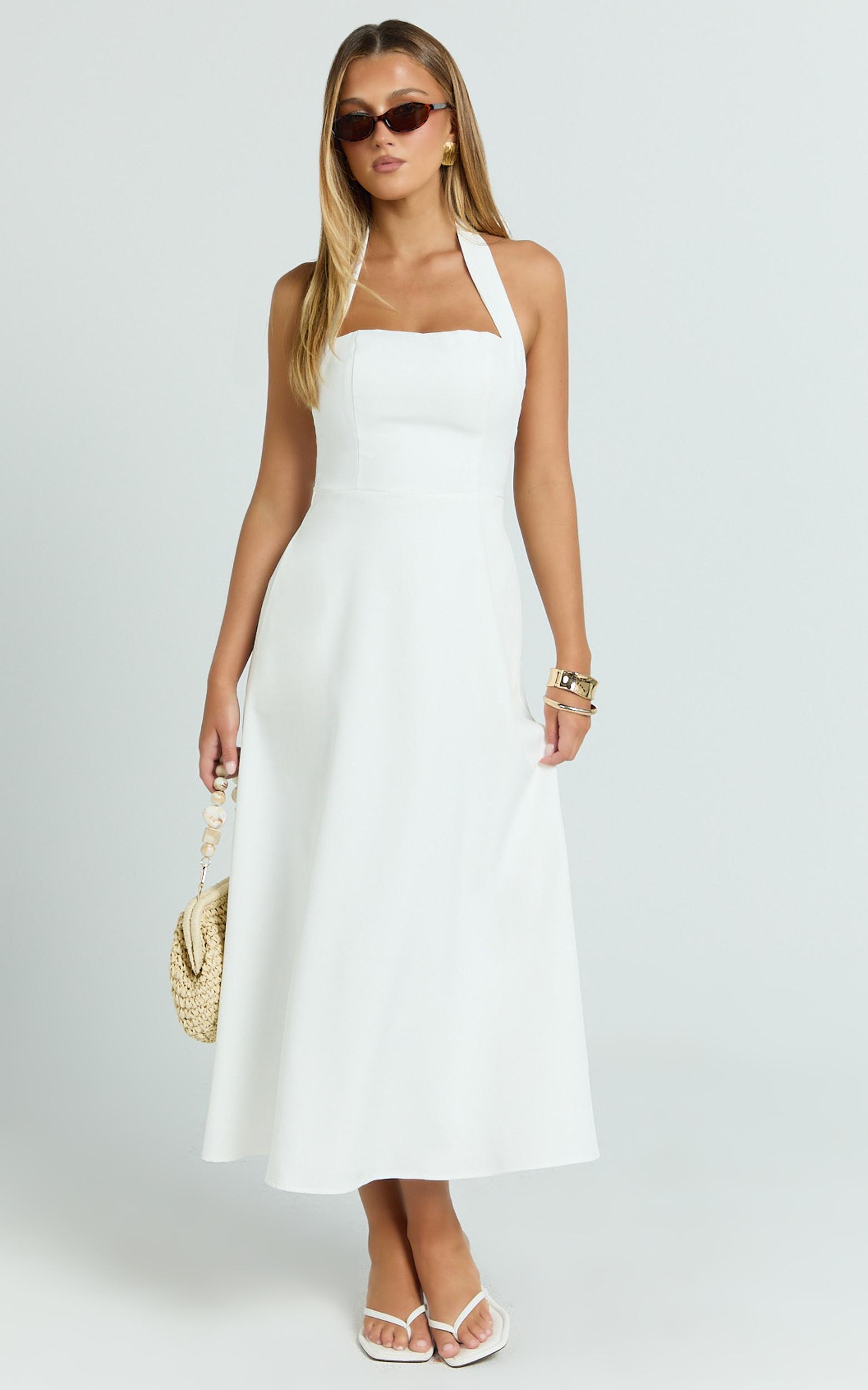 karissa midi dress - halter neck fitted bodice midi soft a line skirt dress in white
