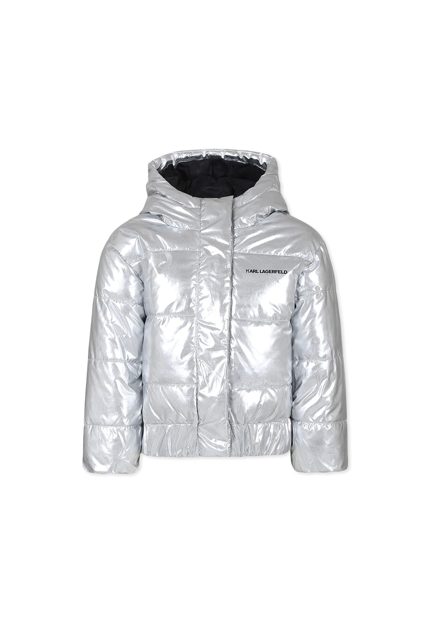 karl lagerfeld kids silver down jacket for girl with logo