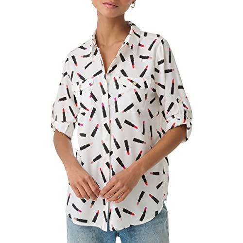 karl lagerfeld paris everyday blouses button-down long sleeve shirts for women with fashion print, soft white multi, x-small
