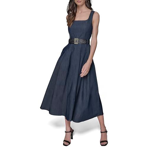 karl lagerfeld paris women's belted v neck sleeveless maxi dress, indigo