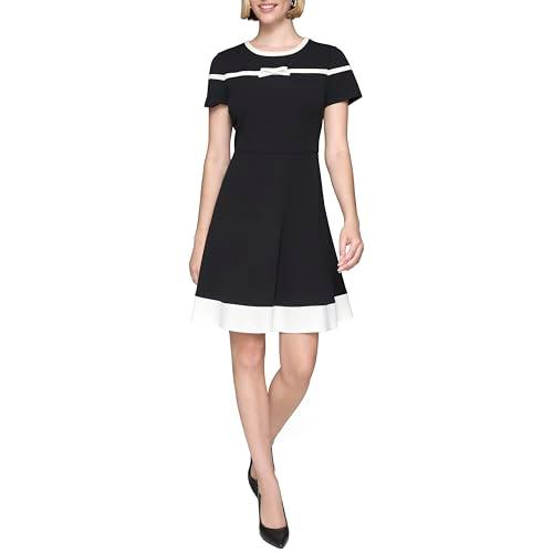 karl lagerfeld paris women's bow detail short sleeve recycled scuba crepe a line dress, black soft white