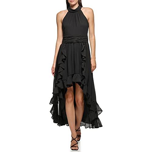 karl lagerfeld paris women's chiffon high-low maxi dress with ruffle skirt and mock neck, black, 10