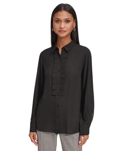 karl lagerfeld paris women's collared ruffle-front button up blouse, black, xs