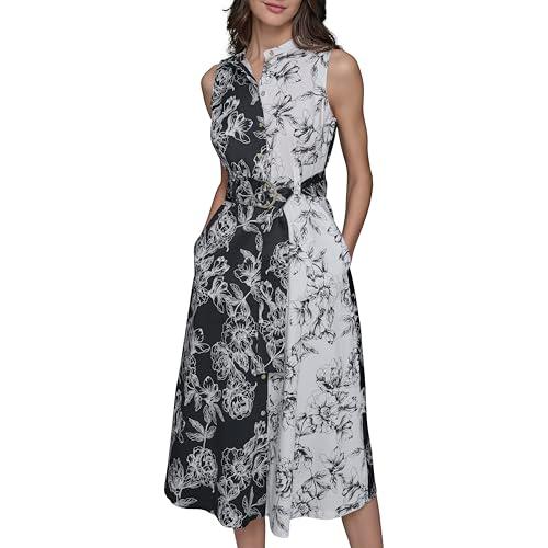 karl lagerfeld paris women's collared sleeveless fun midi dress, black/soft white multi/soft white black multi
