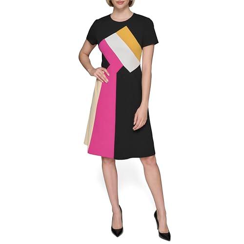 karl lagerfeld paris women's color block recycled scuba crepe short sleeve a line dress, black multi
